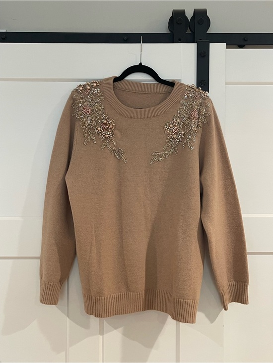 SHEIN Sweaters - SHEIN Camel Beaded Floral Crewneck Sweater